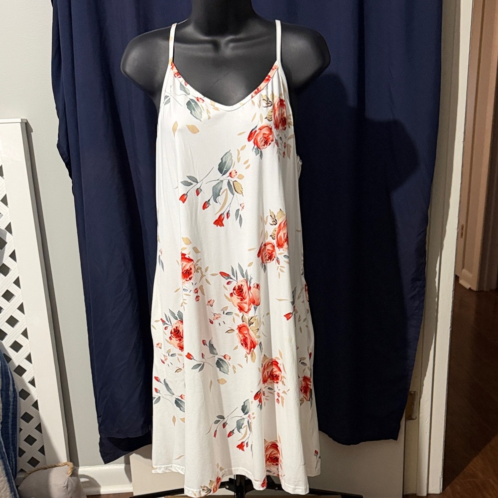 White Floral Spaghetti Strap Slip Dress - Red Rose Print